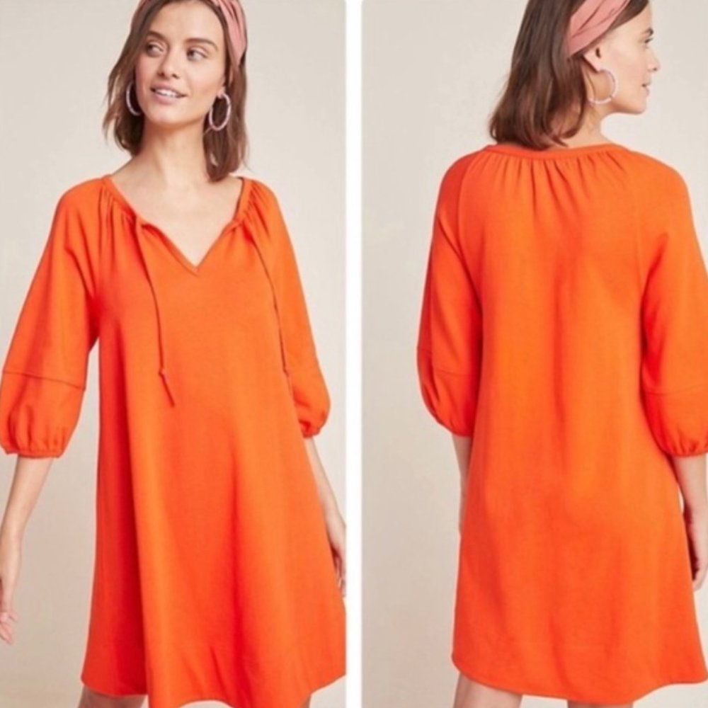 Anthropologie Anais Orange Red Tunic Mini Dress Long Balloon Sleeve XS